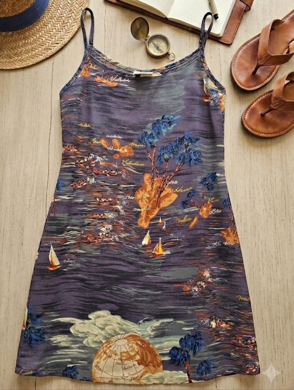 Vintage 90s Hawaii Print Slip Dress Vacation Beach Travel Medium